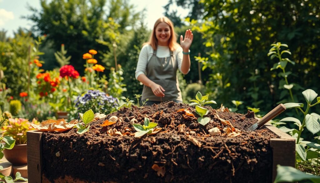 A vibrant, inviting garden scene showcasing a step-by-step composting process. In the foreground, a neatly arranged compost bin brimming with layers of organic waste, including vegetable scraps, dried leaves, and rich soil, exuding a sense of freshness. Surrounding the bin, a variety of colorful garden plants add life, with a small trowel resting nearby. In the middle ground, a cheerful gardener, dressed in modest casual clothing, demonstrates mixing the compost with a hand tool, showcasing the ease of the process. The background features a sunny sky and lush greenery, creating a harmonious atmosphere. Soft, natural lighting accentuates the textures of the compost and plants, enhancing the inviting feel of the garden space. This scene reflects sustainable gardening practices, capturing the essence of "sadzielony.pl".