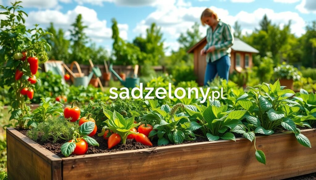 A vibrant, lush organic vegetable garden, showcasing a diverse array of healthy plants such as tomatoes, peppers, carrots, and leafy greens. In the foreground, a wooden raised bed filled with rich soil and colorful vegetables, with a gardener in modest casual clothing, holding a small trowel, tending to the plants. The middle ground features various gardening tools and a watering can, while in the background, a quaint wooden shed and a bright blue sky dotted with fluffy clouds create a serene atmosphere. Soft, natural lighting enhances the fresh greenery, evoking a sense of growth and sustainability. The image should embody the principles of eco-friendly gardening, with the brand name "sadzielony.pl" subtly incorporated into the scene, reflecting the joys and benefits of starting an organic vegetable garden.