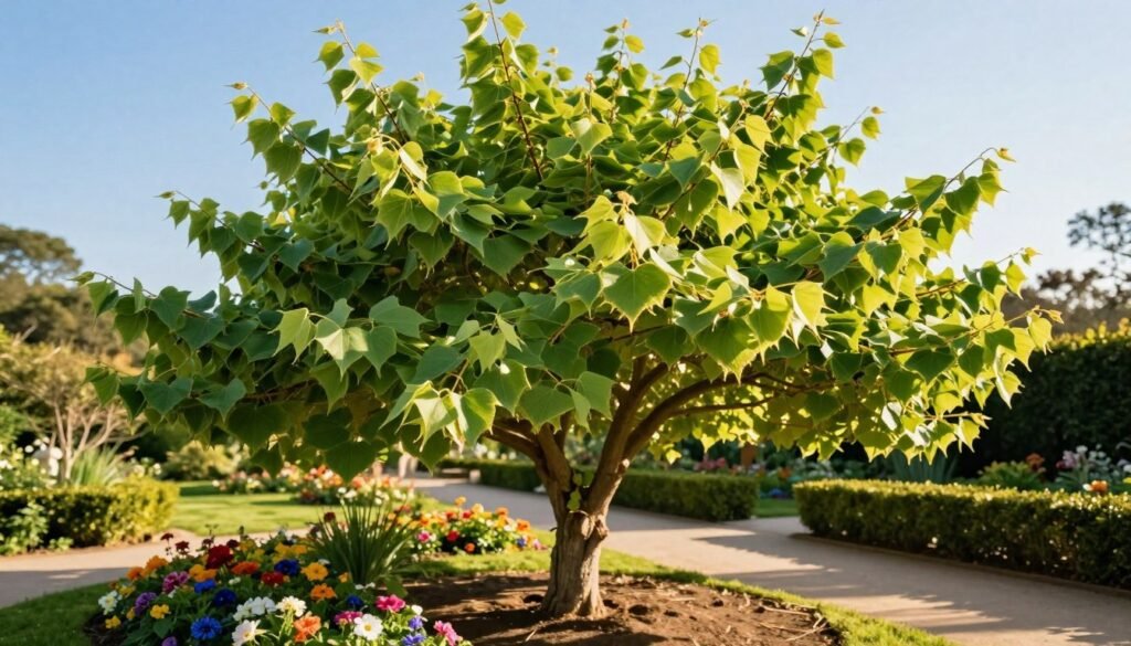 A vibrant ornamental small-leaf linden tree in a serene garden setting, showcasing its lush green foliage and delicate heart-shaped leaves. In the foreground, a well-maintained flower bed with colorful blooms complements the tree, adding depth and contrast. The middle ground features the linden tree, gracefully arching its branches with sunlight filtering through the leaves, casting playful shadows on the ground. The background presents a soft focus of a tranquil garden path lined with neatly trimmed hedges and soft grass, suggesting a peaceful atmosphere. The lighting is warm and inviting, capturing the essence of a sunny afternoon, creating an uplifting and harmonious mood for the scene, encouraging a sense of natural beauty and serenity. Shot from a slightly low angle to emphasize the grandeur of the tree against the clear blue sky.