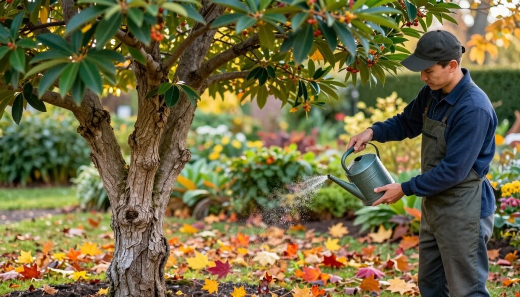 A vibrant parrotia persica tree in the foreground, showcasing its unique, intricately textured bark and rich green leaves. A gardener, dressed in professional gardening attire, gently waters the tree with a can, demonstrating proper care and maintenance techniques. In the middle ground, a variety of colorful autumn leaves are scattered on the ground, highlighting the seasonal changes. The background features a softly blurred garden setting with lush greenery and gentle sunlight filtering through the leaves, creating a warm and inviting atmosphere. The image captures a tranquil afternoon, emphasizing the beauty and serenity of caring for this exquisite ornamental tree during its seasonal growth. The composition should be well-lit, with a focus on the details of the tree and gardener, using a slightly shallow depth of field for added visual interest.