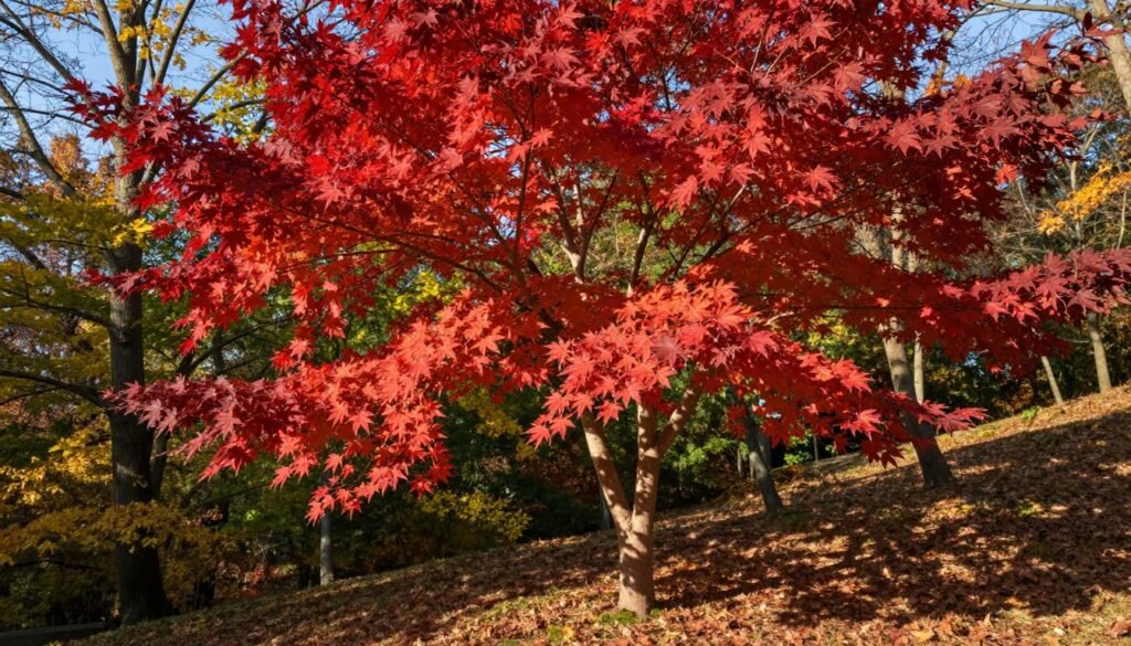 A vibrant red maple tree stands majestically in the foreground, showcasing its intense crimson leaves illuminated by soft sunlight. The tree’s glossy red foliage contrasts beautifully against a clear blue sky and hints of autumn colors in the background. In the middle ground, other trees with varying shades of green and yellow create a lush setting, while fallen leaves carpet the ground. The scene is framed by a natural woodland environment with gentle slopes, adding depth and dimension. The lighting is warm and inviting, casting dappled shadows that enhance the contours of the tree trunk. The overall mood is serene and picturesque, reflecting the beauty of red maple characteristics in fall. The focus should be sharp, capturing the minute details of the leaves and bark textures, creating an engaging visual representation of this remarkable species.