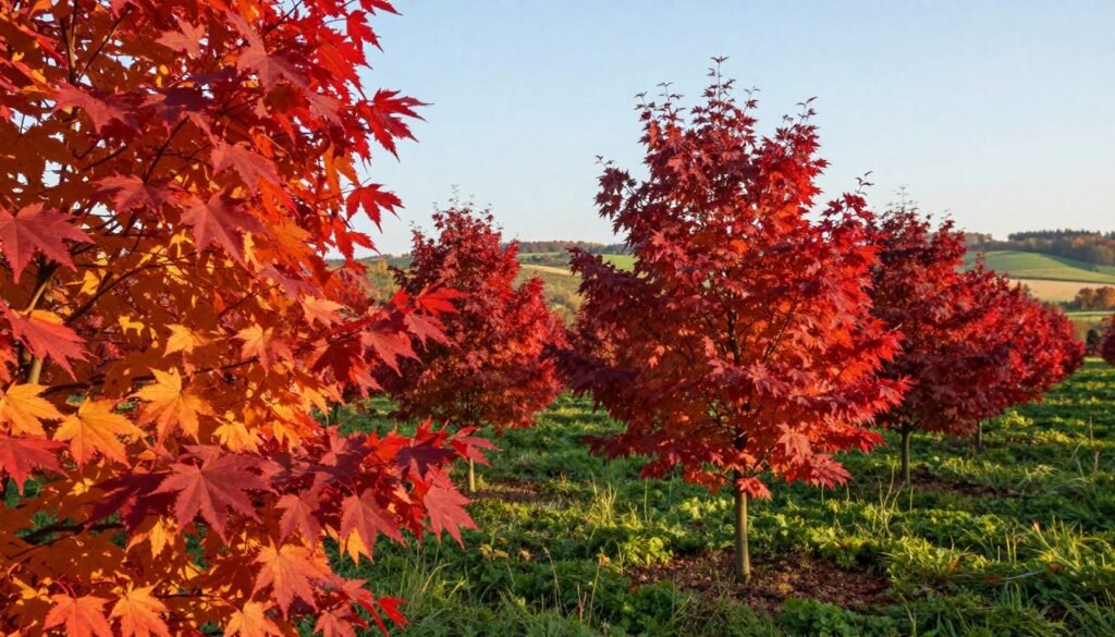 A vibrant scene depicting a healthy plantation of red maple trees (Acer rubrum) in Poland during the autumn. In the foreground, prominent red and orange leaves with their intricate textures catch the soft morning sunlight, showcasing intense color variation. In the middle ground, rows of flourishing red maples create a harmonious blend with hints of lush green undergrowth, presenting a thriving ecosystem. The background displays a gently rolling landscape, typical of Polish countryside, with distant hills and patches of clear blue sky. The warm lighting emphasizes the rich colors and textures of the leaves, evoking a serene and picturesque fall atmosphere, perfect for showcasing ideal growth conditions.
