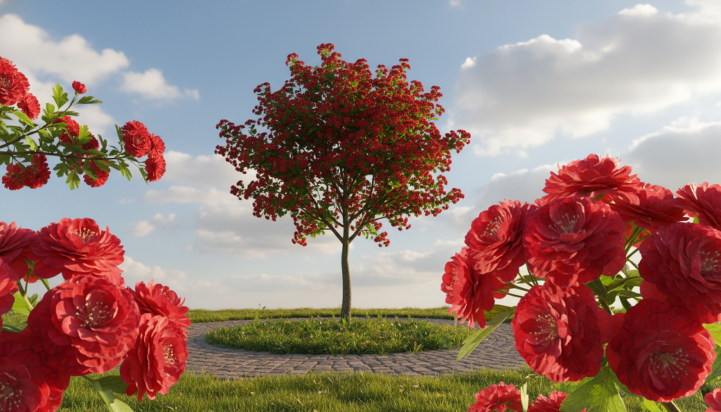 A vibrant scene featuring a "Paul's Scarlet" hawthorn tree, showcasing its stunning clusters of deep crimson flowers in full bloom. In the foreground, focus on the rich, textured petals that glisten in the sunlight. In the middle ground, the tree stands majestically amidst a well-tended garden, accentuated by lush green leaves and a few delicate branches swaying gently. The background reveals a blue sky dotted with soft white clouds, enhancing the overall tranquility of the setting. Capture the essence of a bright, sunny day with warm, natural lighting casting soft shadows, creating a serene and inviting atmosphere. The image should convey the charm and ornamental value of this small decorative tree, ideally suited for a compact garden. A vibrant scene featuring a "Paul's Scarlet" hawthorn tree, showcasing its stunning clusters of deep crimson flowers in full bloom. In the foreground, focus on the rich, textured petals that glisten in the sunlight. In the middle ground, the tree stands majestically amidst a well-tended garden, accentuated by lush green leaves and a few delicate branches swaying gently. The background reveals a blue sky dotted with soft white clouds, enhancing the overall tranquility of the setting. Capture the essence of a bright, sunny day with warm, natural lighting casting soft shadows, creating a serene and inviting atmosphere. The image should convey the charm and ornamental value of this small decorative tree, ideally suited for a compact garden.
