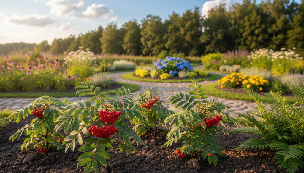 A vibrant scene featuring "sadzonki jarzębina" (rowan saplings) in an idyllic garden setting. In the foreground, healthy saplings showcase their distinctive compound leaves and bright red berries, glistening in soft sunlight. The middle ground displays a gently curving pathway lined with stones, leading to a well-maintained garden bed filled with various ornamental plants that complement the rowans. In the background, a serene blue sky with fluffy white clouds enhances the peaceful atmosphere, while lush green trees provide a natural border. Use warm, golden hour lighting to create a welcoming and serene mood, emphasizing the beauty and potential of these ornamental trees. A shallow depth of field to draw attention to the saplings while slightly blurring the background enhances the overall focus.