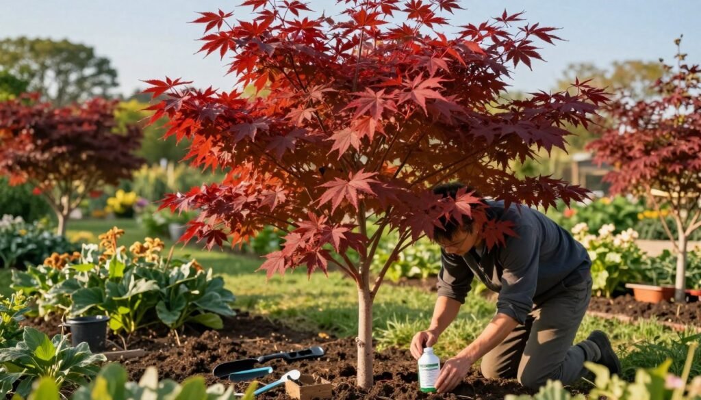 A vibrant scene focused on a red maple tree (Acer rubrum) being nurtured in a lush garden setting. In the foreground, a gardener, dressed in smart casual attire, carefully applies organic fertilizer around the tree's base, demonstrating proper caring techniques. The rich, deep red leaves of the tree shimmer in the warm golden sunlight, highlighting their stunning coloration. The middle ground features freshly turned soil, small gardening tools, and green foliage surrounding the maple, creating a sense of nurturing. In the background, soft blurred hues of other trees and plants add depth while maintaining a serene atmosphere. The lighting is soft and inviting, capturing the essence of an ideal day for gardening, with a clear blue sky overhead, hinting at optimal growing conditions for the strikingly colored leaves.