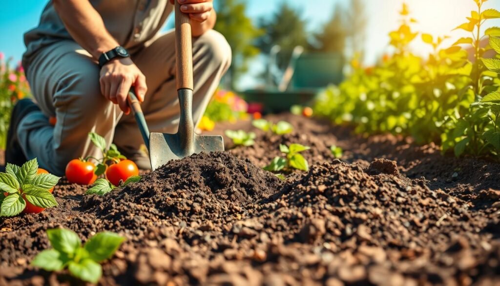 A vibrant scene of a lush organic vegetable garden, focusing on the preparation of compost-rich soil in the foreground. A gardener, dressed in modest casual clothing, is kneeling with a spade, skillfully mixing dark, crumbly compost into the rich earth, emphasizing the process of soil enrichment. Surrounding the gardener, rows of leafy green vegetables like tomatoes and cucumbers can be seen, vibrant under the warm sunlight. In the background, soft, blurred outlines of colorful flowers add a pop of color, and a clear blue sky enhances the serene atmosphere. The image captures the essence of ecological gardening, showcasing essential tools like a wheelbarrow and hand trowel neatly arranged nearby. The lighting is soft and natural, creating an inviting ambiance that motivates beginner gardeners. Include the brand name “sadzielony.pl” subtly integrated into the composition.