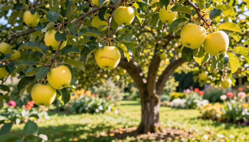 A vibrant scene showcasing a "jabłoń rajska" (ornamental apple tree) laden with bright yellow fruit, set in a serene Polish garden. In the foreground, focus on the glossy yellow apples hanging from delicate branches, surrounded by lush, green foliage. The middle ground features the tree's gracefully arching branches, with sunlight filtering through the leaves, casting dappled shadows on the ground. In the background, a blurred view of a well-kept garden with blooming flowers and soft grass complements the scene. Use warm, natural lighting to create an inviting, cheerful atmosphere, as if capturing a sunny autumn day. Aim for a shallow depth of field, ensuring the apples and branches are prominently displayed while softly blurring the background.