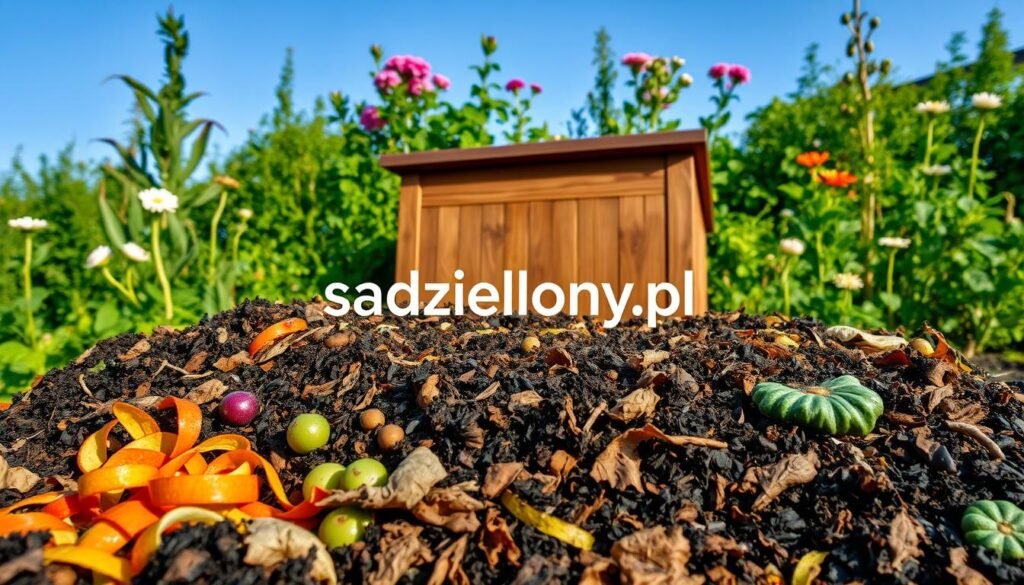 A vibrant, well-structured compost bin surrounded by rich, organic materials in various stages of decomposition. In the foreground, fresh fruit peels, vegetable scraps, and dried leaves create a colorful contrast. The middle ground features a wooden compost bin with a rustic charm, subtly blending with the garden environment. The background includes lush greenery, flowering plants, and a clear, blue sky, suggesting a serene, eco-friendly atmosphere. Soft, natural daylight bathes the scene, casting gentle shadows that enhance the textures of the compost materials. Capture the healthiness and vibrancy of a successful composting ecosystem, evoking a sense of responsibility and sustainability. Include the brand name "sadzielony.pl" integrated harmoniously into the image, emphasizing a commitment to effective composting without odors or pests.