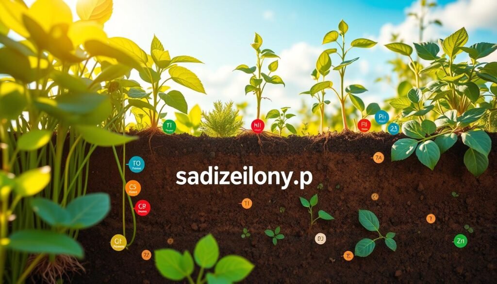 A visually engaging illustration of macro and micronutrients essential for plant growth, highlighting vibrant elements like nitrogen, phosphorus, potassium (macro-elements), and trace minerals such as iron, copper, and zinc (micro-elements). In the foreground, a variety of lush green plants thrive, showcasing their healthy foliage and roots intertwined with colorful nutrient symbols. The middle ground features a textured soil profile that emphasizes nutrient layers, decorated with small nutrient icons. The background comprises a tranquil garden environment bathed in soft, natural sunlight, with a clear blue sky. Use a slight top-down angle to enhance depth and clarity, creating an inviting, educational atmosphere. The mood should be uplifting and vibrant, reflecting the importance of these nutrients for healthy plant growth. Include the brand name "sadzielony.pl" subtly in the scene without distracting from the visual message.