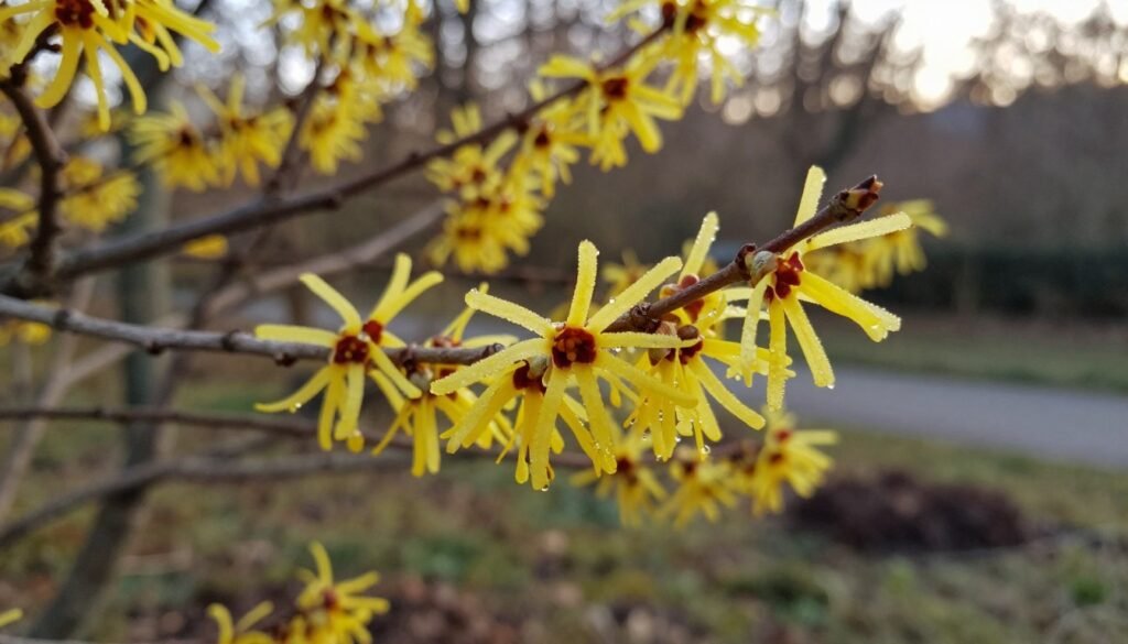 A vivid close-up of a "witch hazel" (oczar pośredni) in bloom, showcasing its unique, spidery yellow flowers against a soft, blurred background of wintery garden scenery. The foreground features the intricate details of the flowers with their elongated petals and delicate texture, glistening with morning dew. In the middle ground, the gnarled branches of the plant create a natural, elegant arch, framing the blooms. The background softly fades to a gentle blur of muted browns and greens, evoking an early spring atmosphere. The scene is illuminated by warm, diffused sunlight filtering through the trees, creating soft shadows and highlights that enhance the organic beauty of the witch hazel. The overall mood is serene and contemplative, inviting the viewer to appreciate the charm of winter-blooming flora.