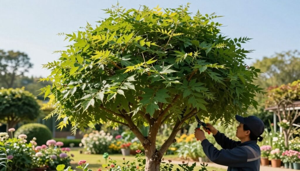 A well-maintained Robinia pseudoacacia 'Umbraculifera' tree, showcasing the art of crown shaping, with a perfectly rounded canopy in vibrant green leaves. In the foreground, a gardener in professional attire carefully pruning the branches with sleek gardening shears, ensuring precision in their work. In the middle, the appealing, symmetrical shape of the tree is emphasized, revealing multiple layers of foliage gently filtering sunlight. The background features a sunlit garden scene, with soft-focus flowers and shrubs adding visual interest. The sky is clear blue, casting warm, inviting natural light that enhances the tranquil atmosphere. The composition captures the essence of horticultural care and artistry in tree shaping, inspiring a sense of appreciation for nature's beauty.