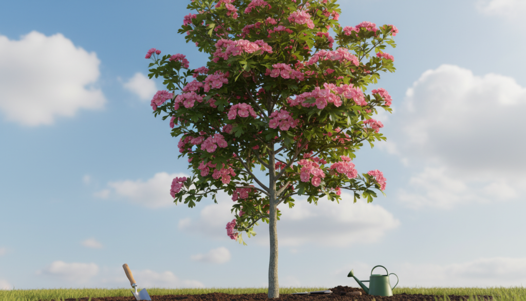 A young Paul’s Scarlet hawthorn tree, vibrant with lush green leaves and delicate pink flowers, stands prominently in the foreground, showcasing its ornamental beauty. The middle ground features a well-tended garden with freshly turned soil and small gardening tools, symbolizing the care given to the young tree. In the background, a sunny blue sky with soft, fluffy clouds provides a warm and inviting atmosphere. The lighting is bright, casting gentle shadows that highlight the tree's intricate details. The image is taken from a low-angle perspective, emphasizing the tree's stature and youth while creating a sense of tranquility and nurturing in the scene. The overall mood is one of growth and dedication to proper care. A young Paul’s Scarlet hawthorn tree, vibrant with lush green leaves and delicate pink flowers, stands prominently in the foreground, showcasing its ornamental beauty. The middle ground features a well-tended garden with freshly turned soil and small gardening tools, symbolizing the care given to the young tree. In the background, a sunny blue sky with soft, fluffy clouds provides a warm and inviting atmosphere. The lighting is bright, casting gentle shadows that highlight the tree's intricate details. The image is taken from a low-angle perspective, emphasizing the tree's stature and youth while creating a sense of tranquility and nurturing in the scene. The overall mood is one of growth and dedication to proper care.