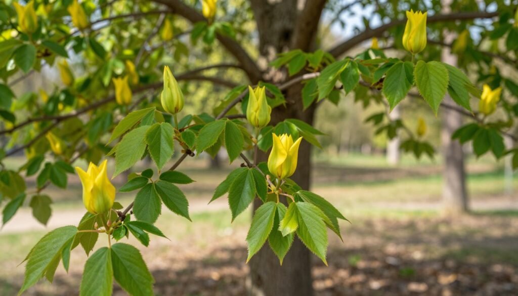 American tulip tree leaves and flowers in a natural setting, showcasing their distinctive shape and vibrant colors. In the foreground, focus on fresh, green leaves with a glossy texture, interspersed with striking yellow-green tulip-shaped flowers, capturing early springtime. The middle ground features a gentle blur of the tree trunk and branches, adorned with additional blossoms. The background includes a soft-focus wooded area, filtered sunlight dappling through the leaves, creating a serene and inviting atmosphere. Use warm, natural lighting to enhance the colors and details. The image should evoke a sense of tranquility and beauty, perfect for illustrating the unique characteristics of the American tulip tree. American tulip tree leaves and flowers in a natural setting, showcasing their distinctive shape and vibrant colors. In the foreground, focus on fresh, green leaves with a glossy texture, interspersed with striking yellow-green tulip-shaped flowers, capturing early springtime. The middle ground features a gentle blur of the tree trunk and branches, adorned with additional blossoms. The background includes a soft-focus wooded area, filtered sunlight dappling through the leaves, creating a serene and inviting atmosphere. Use warm, natural lighting to enhance the colors and details. The image should evoke a sense of tranquility and beauty, perfect for illustrating the unique characteristics of the American tulip tree.