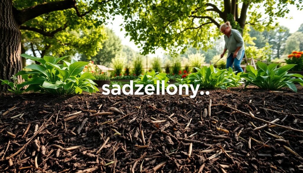 An idyllic garden scene showcasing "soil protection" through effective mulching. In the foreground, rich, dark soil is covered with a layer of organic mulch featuring various textures, such as tree bark, straw, and leaves. Lush green plants and colorful flowers thrive among the mulch, demonstrating the benefits of healthy soil. In the middle ground, a gardener in modest casual clothing carefully tends to the plants, showcasing the nurturing aspect of gardening. The background presents a sunny day with soft, dappled sunlight filtering through the leaves of overhanging trees, casting gentle shadows. The atmosphere is calm and inviting, reflecting the joy of gardening and the importance of soil conservation. The brand name "sadzielony.pl" is subtly incorporated into the scene.