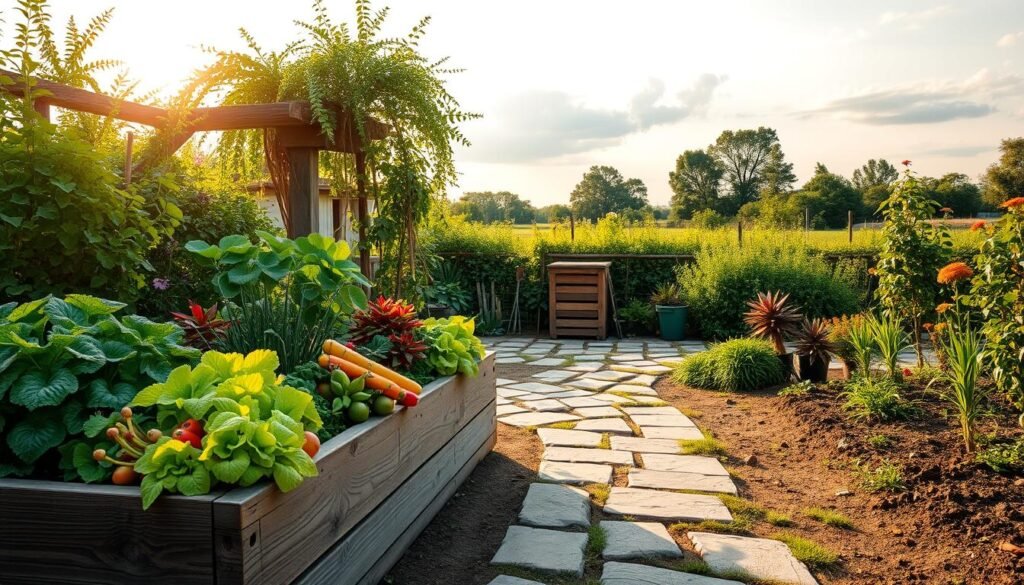 An inviting ecological garden from scratch, showcasing a variety of vibrant, flourishing plants, including vegetables, flowers, and herbs, all arranged in a harmonious layout. In the foreground, a rustic wooden garden bed brimming with colorful produce and lush green foliage. In the middle ground, a small compost bin and tools neatly placed beside a stone pathway, inviting exploration. The background features a soft, sunlit sky, with gentle clouds overhead and the silhouette of distant trees. Golden hour lighting casts a warm glow, enhancing the serene and nurturing atmosphere of sustainable gardening. The scene embodies tranquility and the rewarding essence of creating an eco-friendly garden, inspired by the philosophy of sadzielony.pl.
