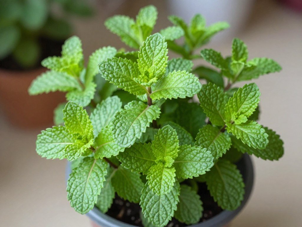 Bujnie rosnąca mięta w doniczce z charakterystycznymi zielonymi liśćmi