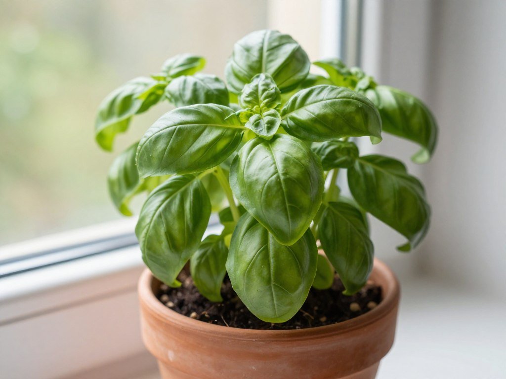 Doniczka z bujną, zieloną bazylią o błyszczących liściach