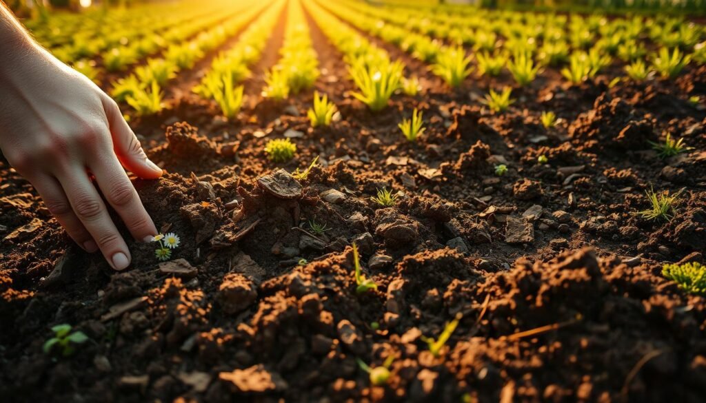 Lush, fertile soil brimming with a rich, dark texture, revealing signs of improper preparation, like compacted clumps and visible weeds. In the foreground, a hand gently sifts through the soil, showcasing various organic materials, such as compost and mulch, highlighting the idea of an eco-garden amendment gone wrong. The middle ground features patches of uneven soil, interspersed with small wildflowers and intrusive patches of grass. The background consists of a vibrant garden scene under warm, golden sunlight, bathing the landscape in a soft glow, with rows of healthy plants contrasting the neglected soil. The atmosphere conveys both beauty and neglect, emphasizing the importance of proper soil preparation in gardening. Logo subtly integrated in the corner: "sadzielony.pl".