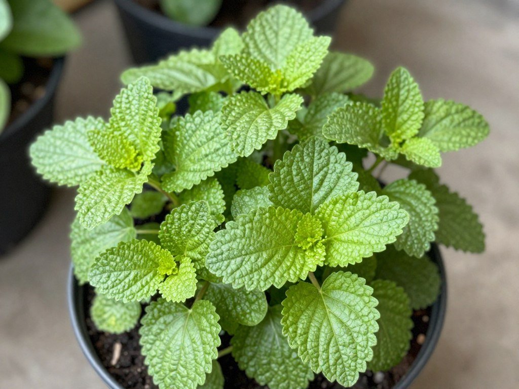 Melisa w doniczce z jasnozielonymi, pomarszczonymi liśćmi