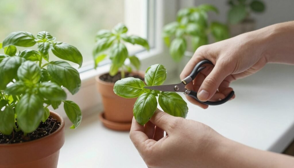 Osoba zbierająca świeże zioła z doniczek na parapecie kuchennym