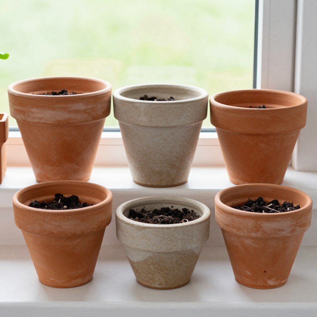 Różne rodzaje doniczek do uprawy ziół - ceramiczne, gliniane i plastikowe