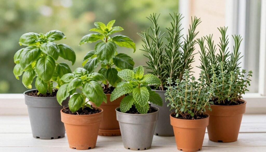 Różne zioła doniczkowe ustawione obok siebie na słonecznym balkonie