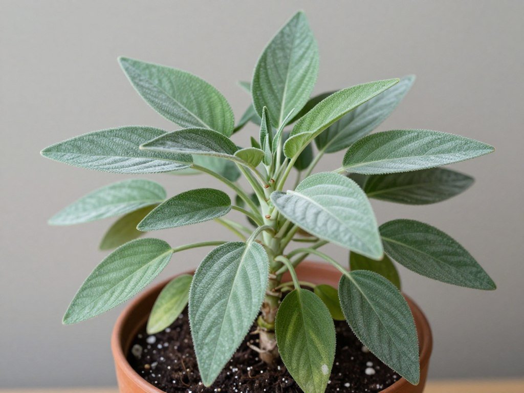 Szałwia w doniczce z charakterystycznymi szarozielonymi liśćmi