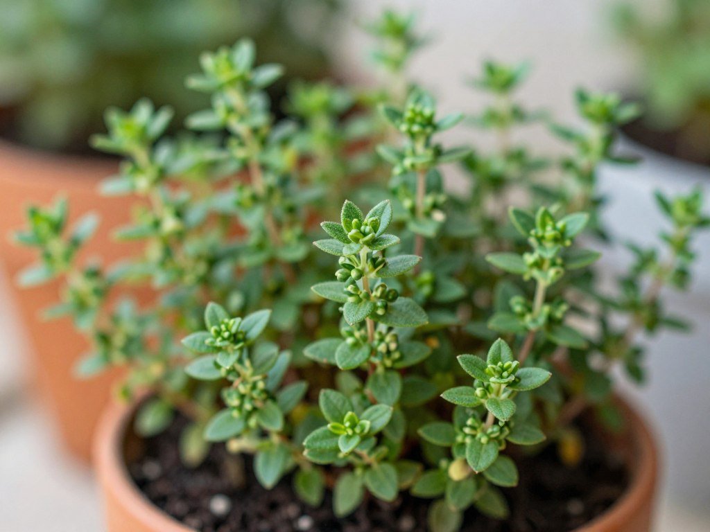 Tymianek w doniczce z drobnymi liśćmi i łodyżkami