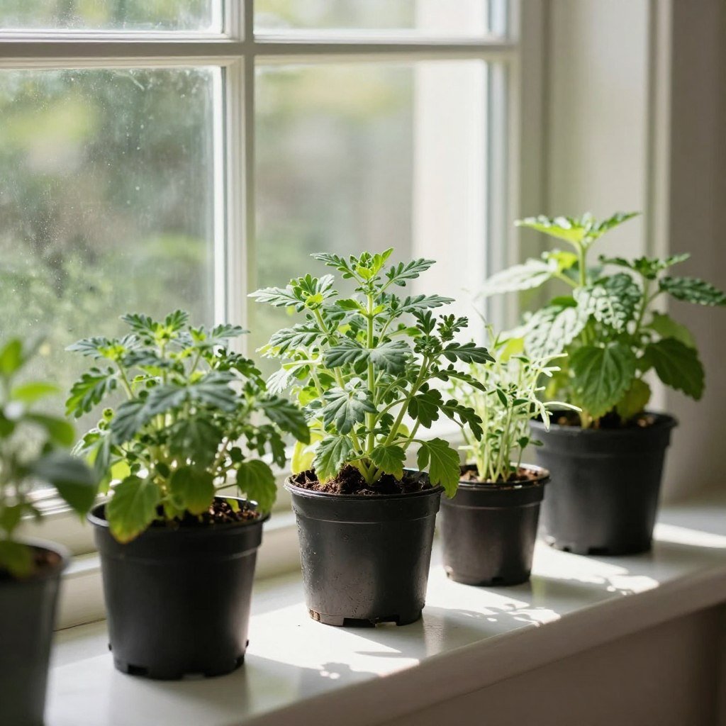 Zioła ustawione na słonecznym parapecie kuchennym