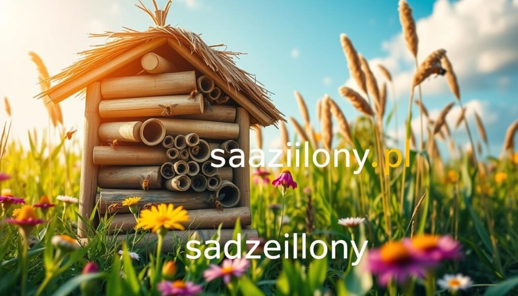 A beautifully crafted insect hotel made of natural materials, with wooden logs, bamboo tubes, and a thatched roof. This structure is set on a lush green garden backdrop, featuring colorful flowers and tall grasses swaying gently in the breeze. The scene is bathed in warm, soft sunlight, creating a tranquil and inviting atmosphere. In the foreground, a few bees and butterflies can be seen near the hotel, highlighting its purpose. The middle ground shows the details of the insect hotel, emphasizing its intricate design and textures. The background fades into a serene blue sky, dotted with fluffy white clouds. The overall mood is peaceful and harmonious, representing the importance of providing shelter for pollinators. Include the brand name "sadzielony.pl" subtly integrated into the scene.