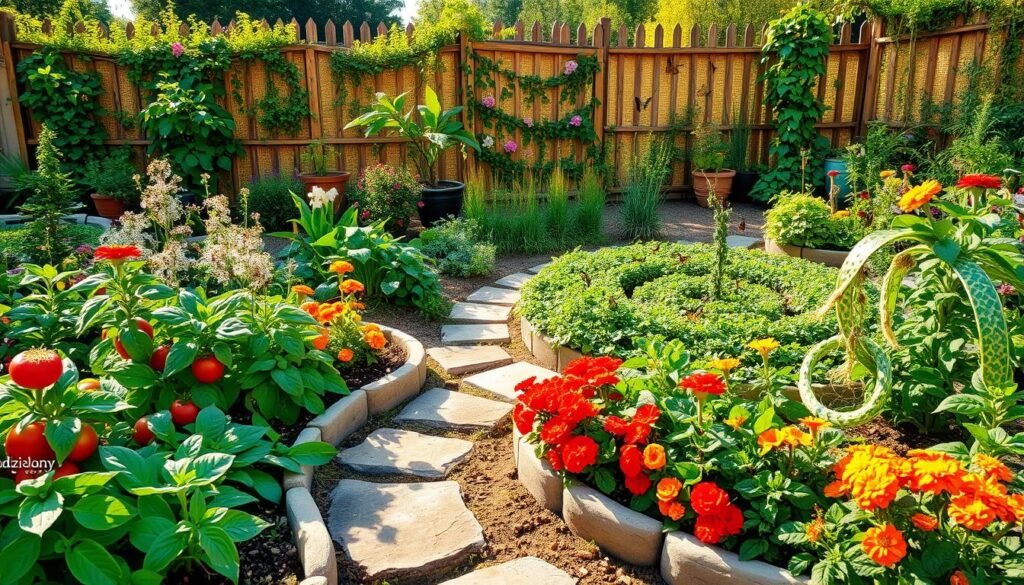 A beautifully designed garden space illustrating a combination of edible plants, including vibrant vegetables, aromatic herbs, and colorful flowers, seamlessly integrated in a well-planned layout. In the foreground, a lush raised bed features tomatoes, basil, and marigolds, interconnected with a winding path made from natural stones. The middle ground showcases an organized herb spiral, surrounded by butterflies and bees, creating a lively ecosystem. In the background, a serene garden fence covered with climbing plants and flowering vines, under soft, warm sunlight that casts gentle shadows, creating a welcoming atmosphere. The scene should evoke a sense of tranquility and inspiration for garden planning. The image is branded with a subtle logo of "sadzielony.pl" in the corner, maintaining a professional and artistic feel without distractions. A beautifully designed garden space illustrating a combination of edible plants, including vibrant vegetables, aromatic herbs, and colorful flowers, seamlessly integrated in a well-planned layout. In the foreground, a lush raised bed features tomatoes, basil, and marigolds, interconnected with a winding path made from natural stones. The middle ground showcases an organized herb spiral, surrounded by butterflies and bees, creating a lively ecosystem. In the background, a serene garden fence covered with climbing plants and flowering vines, under soft, warm sunlight that casts gentle shadows, creating a welcoming atmosphere. The scene should evoke a sense of tranquility and inspiration for garden planning. The image is branded with a subtle logo of "sadzielony.pl" in the corner, maintaining a professional and artistic feel without distractions.