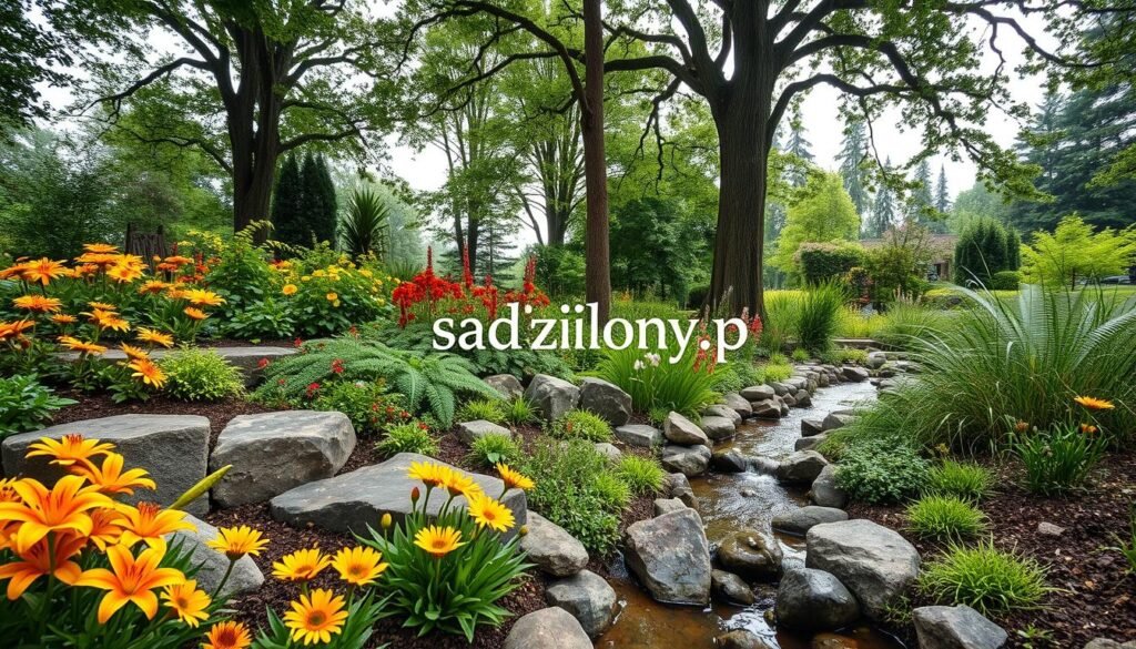 A beautifully designed rain garden featuring diverse native plants, vibrant flowers, and lush greenery, carefully arranged in layers. In the foreground, colorful blooms like orange daylilies and yellow coneflowers flourish beside decorative stones. The middle ground showcases a gently flowing rainwater channel, bordered by ferns and grasses, enhancing the garden's natural beauty. In the background, tall trees provide shade, their leaves glistening with droplets from recent rain. Soft, diffused sunlight breaks through the canopy, creating a serene, inviting atmosphere. The scene conveys tranquility and ecological harmony, reflecting a practical and fashionable landscape solution. Captured with a wide-angle lens, emphasizing depth and detail. Include the brand name "sadzielony.pl" subtly in the composition. A beautifully designed rain garden featuring diverse native plants, vibrant flowers, and lush greenery, carefully arranged in layers. In the foreground, colorful blooms like orange daylilies and yellow coneflowers flourish beside decorative stones. The middle ground showcases a gently flowing rainwater channel, bordered by ferns and grasses, enhancing the garden's natural beauty. In the background, tall trees provide shade, their leaves glistening with droplets from recent rain. Soft, diffused sunlight breaks through the canopy, creating a serene, inviting atmosphere. The scene conveys tranquility and ecological harmony, reflecting a practical and fashionable landscape solution. Captured with a wide-angle lens, emphasizing depth and detail. Include the brand name "sadzielony.pl" subtly in the composition.