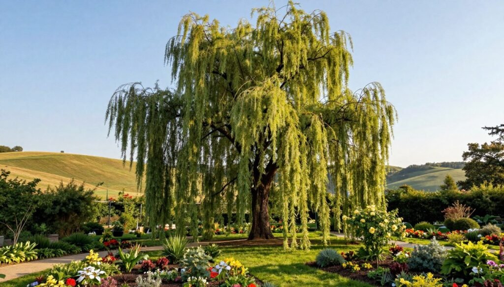 A beautifully landscaped Polish garden featuring a graceful weeping willow tree (Salix babylonica 'Pendula') at its center, showcasing its distinctive drooping branches adorned with lush green leaves. The foreground includes well-maintained flower beds with colorful ornamental plants, giving a vibrant touch to the scene. In the middle ground, the willow tree stands majestically, its long, sweeping branches cascading towards the ground, creating a serene atmosphere. The background features gently rolling hills under a clear blue sky, with soft sunlight casting warm, inviting rays on the garden. The overall mood is peaceful and idyllic, evoking a sense of calmness and appreciation for nature. Capture the scene from a slightly elevated angle to emphasize the tree's graceful form and the beauty of the surrounding garden.