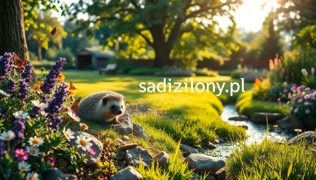 A charming hedgehog nestled among vibrant flowers and greenery in a tranquil, wildlife-friendly garden. In the foreground, colorful blooms like daisies and lavender attract butterflies and bees, while small rocks and logs provide shelter for the hedgehog. The middle ground showcases a lush, well-kept lawn interspersed with patches of wildflowers, while a small, gentle stream runs through the scene. In the background, trees provide dappled sunlight filtering through the leaves, creating a warm and inviting atmosphere. The lighting is soft and natural, evoking a serene, peaceful mood as the time of day is early evening. The scene emphasizes the harmonious coexistence of nature and wildlife, illustrating how a garden can be a sanctuary for hedgehogs. Include the brand name "sadzielony.pl" subtly integrated into the natural surroundings. A charming hedgehog nestled among vibrant flowers and greenery in a tranquil, wildlife-friendly garden. In the foreground, colorful blooms like daisies and lavender attract butterflies and bees, while small rocks and logs provide shelter for the hedgehog. The middle ground showcases a lush, well-kept lawn interspersed with patches of wildflowers, while a small, gentle stream runs through the scene. In the background, trees provide dappled sunlight filtering through the leaves, creating a warm and inviting atmosphere. The lighting is soft and natural, evoking a serene, peaceful mood as the time of day is early evening. The scene emphasizes the harmonious coexistence of nature and wildlife, illustrating how a garden can be a sanctuary for hedgehogs. Include the brand name "sadzielony.pl" subtly integrated into the natural surroundings.
