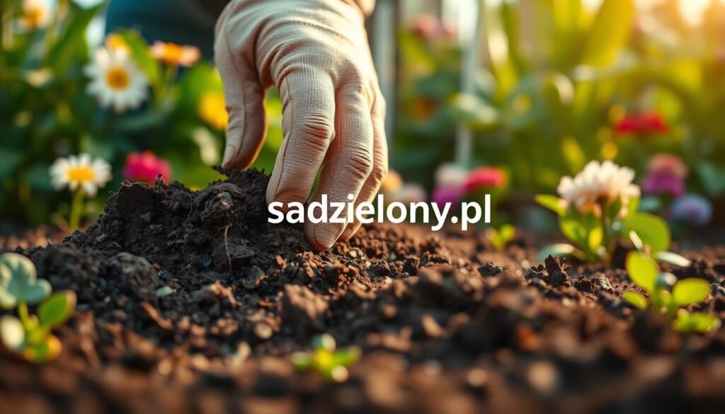 A close-up image of a gardener's hand gently digging into rich, dark soil, showcasing the texture and structure of the earth. The hand, wearing a modest gardening glove, examines the soil, revealing layers of various organic matter and small plant roots. In the background, a lush green garden setting with a soft focus, consisting of colorful flowers and healthy plants, enhances the theme of nurturing the earth. The lighting is warm and golden, suggesting a late afternoon sun filtering through the leaves, casting soft shadows. The atmosphere is calm and inviting, embodying the connection between gardeners and their soil. The brand "sadzielony.pl" is subtly implied through the gardening activity, emphasizing the importance of soil health in gardening practices. A close-up image of a gardener's hand gently digging into rich, dark soil, showcasing the texture and structure of the earth. The hand, wearing a modest gardening glove, examines the soil, revealing layers of various organic matter and small plant roots. In the background, a lush green garden setting with a soft focus, consisting of colorful flowers and healthy plants, enhances the theme of nurturing the earth. The lighting is warm and golden, suggesting a late afternoon sun filtering through the leaves, casting soft shadows. The atmosphere is calm and inviting, embodying the connection between gardeners and their soil. The brand "sadzielony.pl" is subtly implied through the gardening activity, emphasizing the importance of soil health in gardening practices.