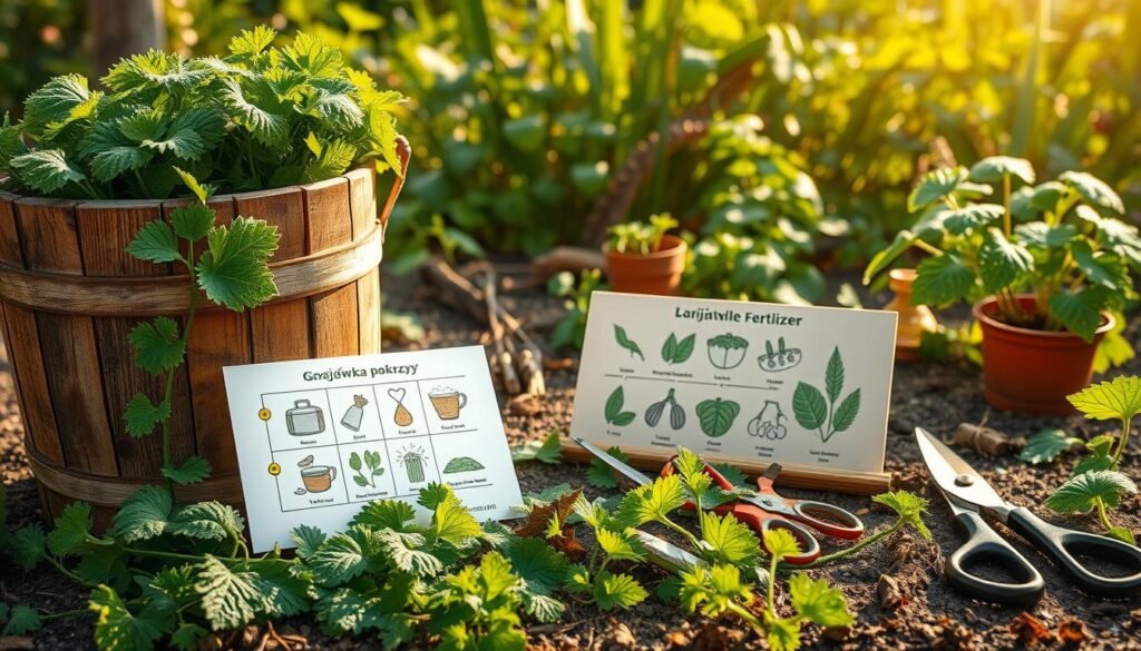 A close-up scene showcasing the process of making "gnojówka pokrzywy" (nettle fertilizer) in a rustic garden setting. In the foreground, a wooden bucket filled with freshly harvested stinging nettles, their vibrant green leaves glistening with morning dew. Surrounding the bucket, essential gardening tools like scissors and gloves lie in a natural arrangement. In the middle ground, a small wooden table displays a step-by-step illustrated guide to creating the fertilizer, emphasizing the natural elements involved. The background features a lush garden with various plants flourishing under soft, warm sunlight, creating a tranquil atmosphere. The image should have a bright, inviting mood, captured from a slightly elevated angle to provide depth. The style should remain realistic and vibrant, reflecting the essence of sustainable gardening. The brand name “sadzielony.pl” is subtly infused into the visual theme. A close-up scene showcasing the process of making "gnojówka pokrzywy" (nettle fertilizer) in a rustic garden setting. In the foreground, a wooden bucket filled with freshly harvested stinging nettles, their vibrant green leaves glistening with morning dew. Surrounding the bucket, essential gardening tools like scissors and gloves lie in a natural arrangement. In the middle ground, a small wooden table displays a step-by-step illustrated guide to creating the fertilizer, emphasizing the natural elements involved. The background features a lush garden with various plants flourishing under soft, warm sunlight, creating a tranquil atmosphere. The image should have a bright, inviting mood, captured from a slightly elevated angle to provide depth. The style should remain realistic and vibrant, reflecting the essence of sustainable gardening. The brand name “sadzielony.pl” is subtly infused into the visual theme.