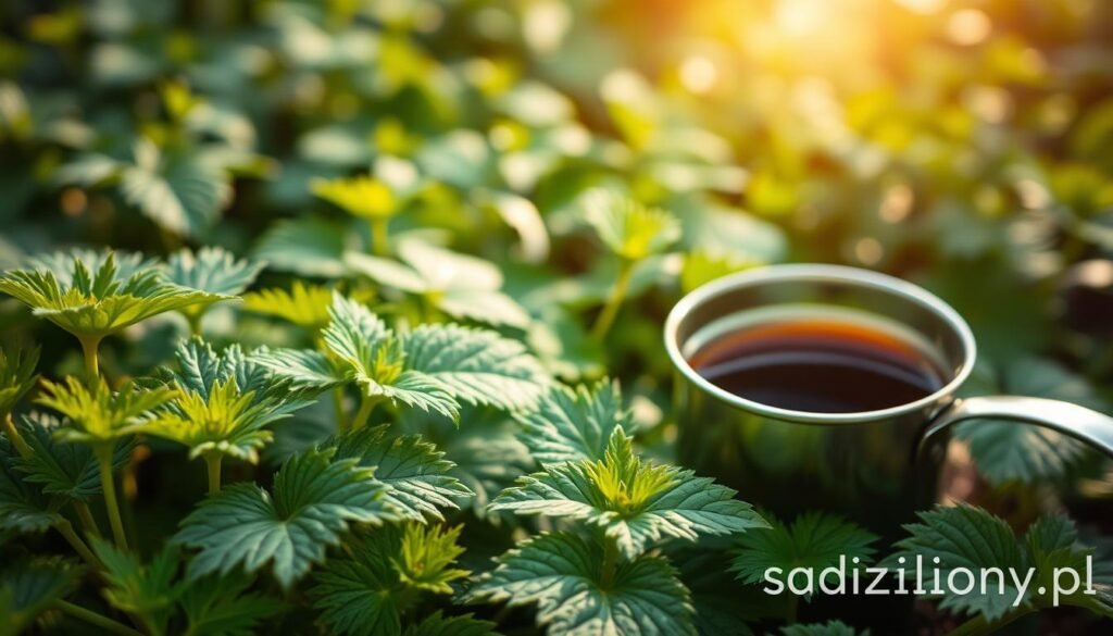 A close-up view of a lush green garden featuring stinging nettle plants (pokrzywy) in the foreground, showcasing their serrated leaves and tiny hairs that can sting. In the middle ground, a small pot filled with a dark, brewed herbal extract symbolizes the process of creating plant extracts or decoctions for pest control. The background is softly blurred with other garden plants and a gentle sunlight filtering through, creating a warm, inviting atmosphere. The image captures the essence of natural remedies for pest control, focusing on the vibrant greenery of the nettles and the rich color of the extract, evoking a sense of organic gardening. The mood is serene and informative, representing a harmonious relationship between nature and gardening practices, featuring the brand "sadzielony.pl".