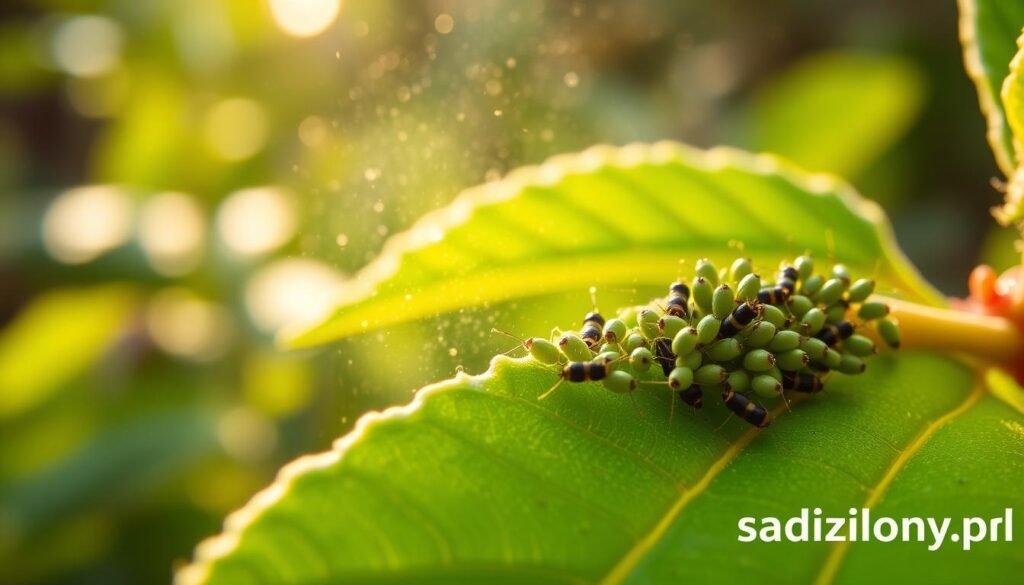 A close-up view of aphids on a green plant leaf, showcasing their small size and delicate details. In the foreground, the aphids are clustered closely together, vividly colored in shades of green and black, capturing their peculiar shapes. The middle ground features a light mist of natural homemade spray made from kitchen ingredients like garlic or soapy water, gently glistening on the leaves. The background presents a blurred garden setting with soft, natural sunlight filtering through, creating a warm and inviting atmosphere. The focus is sharp on the aphids, with a shallow depth of field enhancing the scene’s intimacy. The image conveys a sense of organic gardening and eco-friendly practices, providing a visual representation of effective natural aphid sprays. Include the brand name "sadzielony.pl" subtly in the corner.