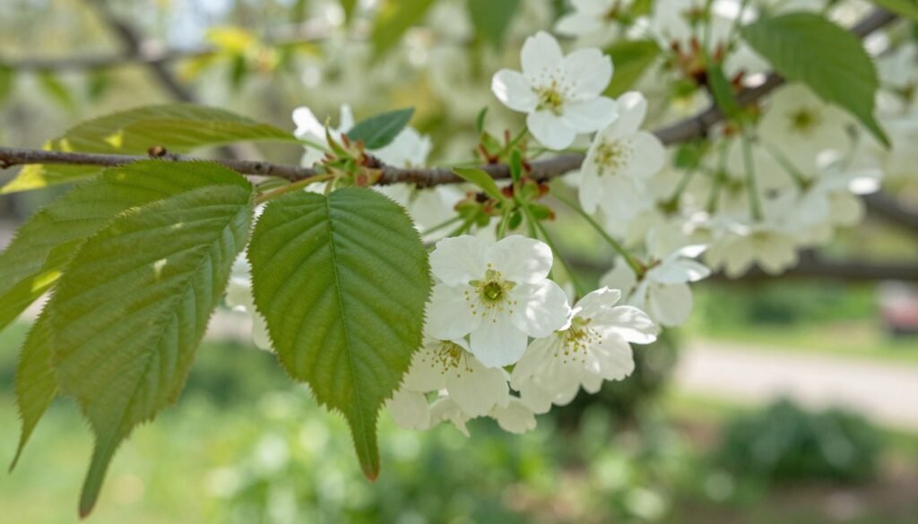 A close-up view of ornamental black cherry leaves and flowers, showcasing the vibrant green foliage with delicate clusters of small, fragrant white blossoms. The foreground features a few leaves overlapping, their intricate textures highlighted by soft sunlight filtering through the branches. In the middle ground, several blooming flower clusters are in full view, their petals open slightly to reveal the detailed stamens within. The background consists of a softly blurred garden setting, lush with greenery, suggesting the beauty of a tranquil spring day. The image captures a serene and natural atmosphere, evoking a sense of appreciation for the 'Colorata' variety in a garden space. Photographed with a shallow depth of field, emphasizing the beauty of the leaves and flowers while maintaining a soft, dreamy background.