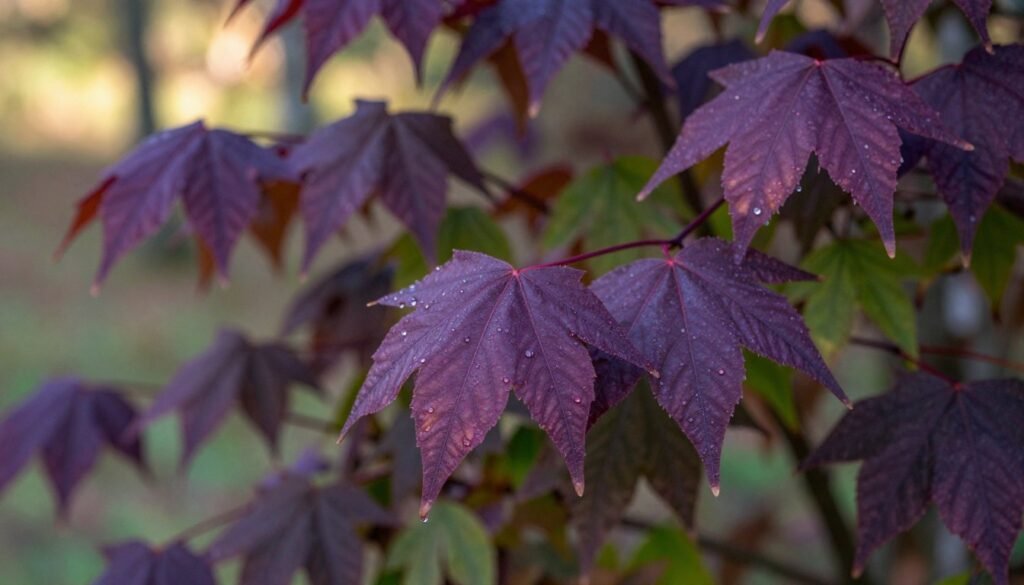 A close-up view of vibrant purple beech leaves (Fagus sylvatica) showcasing their glossy texture and rich color variations. The foreground highlights dewdrops on the leaves, glistening in the soft morning light, creating a feeling of freshness. In the middle ground, clusters of the purple foliage interweave with hints of green leaves, emphasizing the tree's ornamental beauty. The background features a gentle blur of a forest setting, with dappled sunlight filtering through the branches, casting a warm, serene atmosphere. The composition captures the elegance of these leaves, inviting viewers to appreciate their unique characteristics in a tranquil natural environment.