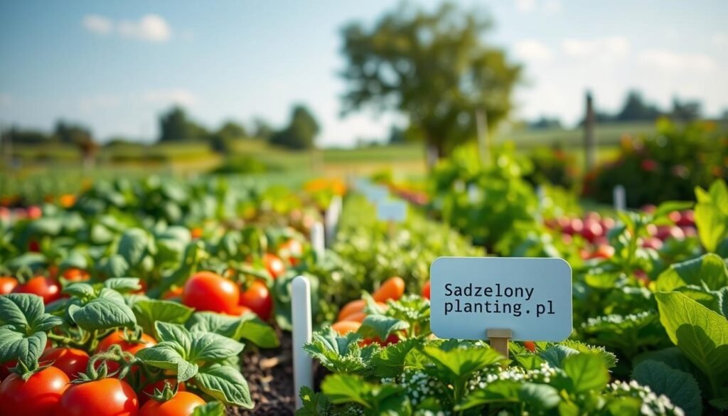 A colorful and vibrant vegetable garden showcasing the principles of companion planting, featuring a variety of vegetables like tomatoes, basil, carrots, and lettuce planted harmoniously together. In the foreground, focus on neat rows of these vegetables, with healthy green leaves and ripe produce. In the middle ground, small garden markers indicating the plant names to suggest organization and planning. The background displays a sunny day with a clear blue sky and distant trees, creating a sense of tranquility and purposefulness. Soft, natural lighting illuminates the scene, enhancing the fresh appearance of the vegetables. Emphasize the educational aspect of gardening by including a small sign with the website "sadzielony.pl" subtly integrated into the design.