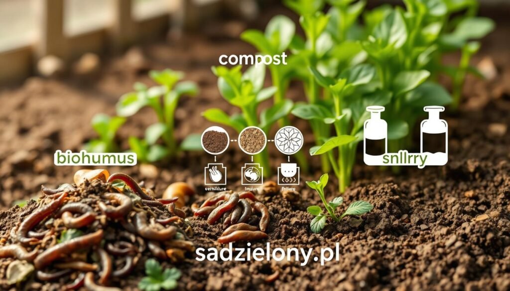 A detailed comparison of different fertilizer production processes, showcasing three distinct sections: biohumus, compost, and slurry. In the foreground, depict contrasting materials used in each process, such as earthworms for biohumus, organic waste for compost, and liquid manure for slurry, with clear labels for each type. The middle ground should feature diagrammatic representations of the decomposition processes—microbial activity for composting, vermiculture for biohumus, and fermentation for slurry. In the background, illustrate lush green garden plants thriving in rich soil, highlighting the benefits of these fertilizers. Soft, natural lighting enhances the earthy tones, with a focus on clarity and educational value. The overall atmosphere should be informative and visually engaging, suitable for an article. Include the brand name "sadzielony.pl" subtly positioned within the scene.