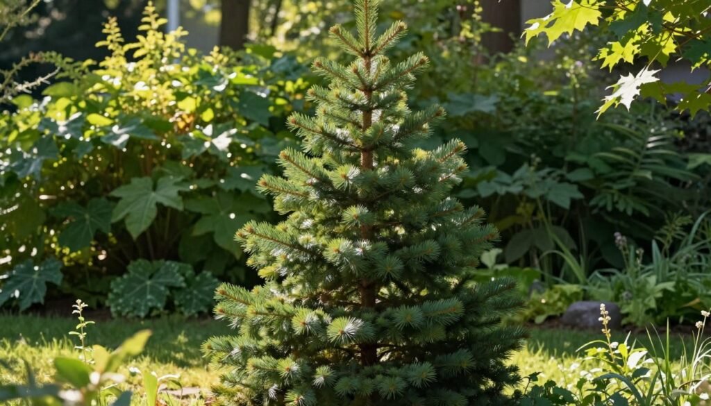 A detailed illustration of a mature Canadian fir tree (Abies canadensis) standing gracefully in a semi-shaded garden. In the foreground, soft green needles with a slight sheen reflect the filtered sunlight, showcasing the tree's dense, conical shape. The middle ground reveals a backdrop of lush, leafy plants that complement the fir’s vibrant color while adding depth. In the background, soft-focus hints of distant trees create a serene atmosphere. The lighting is warm and inviting, with dappled sunlight streaming through the leaves, casting gentle shadows on the ground. The scene evokes a tranquil and refreshing mood, emphasizing the ornamental beauty of the Canadian fir, particularly its unique needle structure and rich green hue.