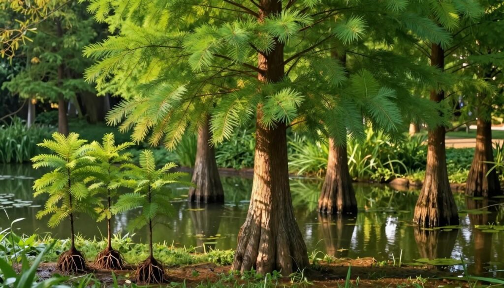 A detailed illustration of the reproduction methods of the bald cypress (Taxodium distichum) in a lush, wet garden setting. In the foreground, depict several young bald cypress saplings with visible root structures, showcasing their growth process. In the middle ground, illustrate a mother tree with its distinctive flared base and soft, needle-like foliage, highlighting its majestic stature. In the background, include a serene pond reflecting the greenery around it, enhancing the lush environment that these trees inhabit. The lighting should be soft and warm, reminiscent of a late afternoon sun filtering through the foliage, creating dappled shadows. The atmosphere should be tranquil and vivid, emphasizing the beauty and adaptability of this ornamental tree in humid garden conditions.