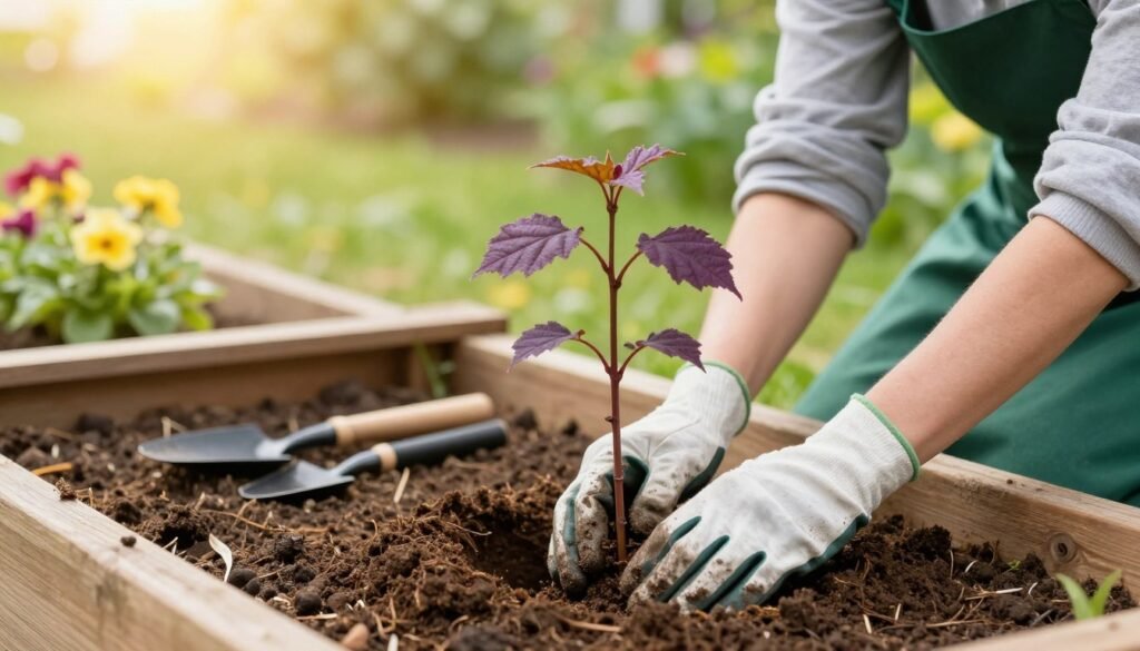 A detailed scene of planting a young tree sapling, specifically a purple-leafed beech, is set in a serene garden. In the foreground, a gardener wearing a green apron and gloves kneels, gently placing the sapling into a prepared hole, showing care and attention. The middle ground features a wooden planting box filled with rich, dark soil, small gardening tools scattered nearby, and hints of vibrant flowers. In the background, soft sunlight filters through lush greenery, creating a warm and inviting atmosphere. The focus is on the nurturing process of planting, with bright and natural colors dominating the image. The angle captures both the sapling and the gardener's hands in a close-up, emphasizing the delicate interaction with nature, while a slight depth of field blurs the background gently for a dreamy effect.