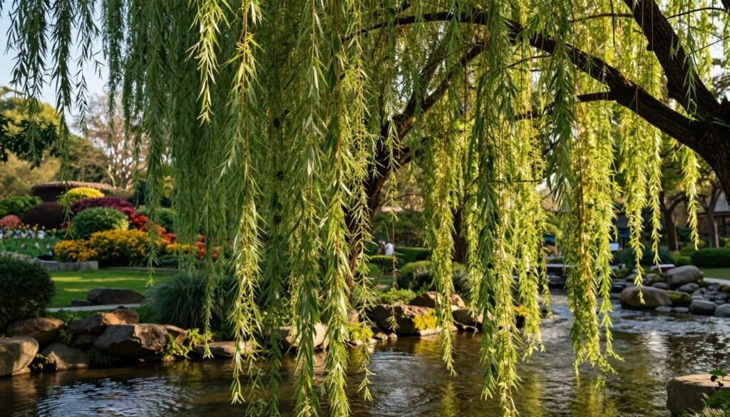 A graceful "Salix babylonica 'Pendula'," known as the weeping willow, dominates the foreground with its elegant, cascading branches adorned with lush, green leaves that sway gently, creating a tranquil, serene sensation. The middle ground features a softly flowing stream, reflecting the subtle sunlight filtering through the heavy canopy above, with gentle ripples capturing the light. In the background, a softly blurred garden setting showcases a mix of colorful flowering shrubs and a bright blue sky peeking through the branches, enhancing the overall brightness of the scene. The lighting is warm and golden, evoking a peaceful afternoon atmosphere. The angle is slightly low, emphasizing the sweeping branches of the willow and creating a sense of intimacy with nature. The image should feel calm and inviting, perfect for illustrating characteristics of the weeping willow.