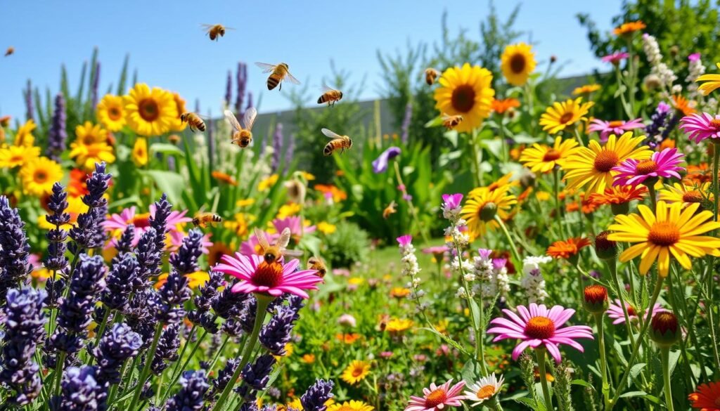 A lively garden scene filled with colorful flowering plants, showcasing a variety of nectar-rich blooms like lavender, sunflowers, and wildflowers, inviting bees to gather. In the foreground, a cluster of bees in mid-flight, their delicate wings glistening in the sunlight, as they buzz around vibrant flowers, adding a sense of movement. The middle ground features a well-maintained small garden, with lush green foliage and blossoming plants, set against a clear blue sky. Soft natural lighting enhances the vivid colors, creating a warm and inviting atmosphere. The camera angle is slightly elevated, capturing both the bees' interaction with the flowers and the overall beauty of the garden. The image reflects the harmony of nature, ideal for illustrating the importance of inviting bees into our gardens. Image by sadzielony.pl.