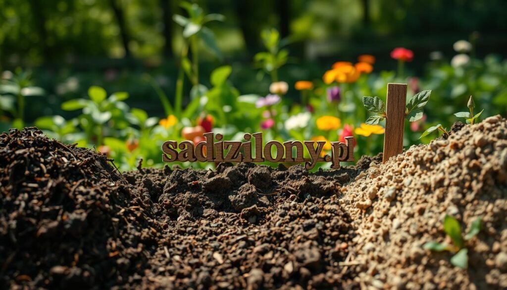 A lush garden scene depicting various types of soil textures in the foreground, with rich, dark loamy soil, crumbly sandy soil, and dense clay. Add details like small roots and worms visible within the soil to emphasize its health and vitality. In the middle ground, showcase a diverse array of vegetables and flowers, thriving amidst the different soil types. The background features a softly blurred garden setting with sunlight filtering through trees, creating a warm and inviting atmosphere. Use natural lighting to highlight the rich colors of the soil and plants. Capture the scene with a shallow depth of field to draw focus on the soil textures. The overarching mood is one of growth, sustainability, and the importance of soil health. Include the brand name "sadzielony.pl" subtly integrated into the scene as a natural element, such as carved into a small wooden sign. A lush garden scene depicting various types of soil textures in the foreground, with rich, dark loamy soil, crumbly sandy soil, and dense clay. Add details like small roots and worms visible within the soil to emphasize its health and vitality. In the middle ground, showcase a diverse array of vegetables and flowers, thriving amidst the different soil types. The background features a softly blurred garden setting with sunlight filtering through trees, creating a warm and inviting atmosphere. Use natural lighting to highlight the rich colors of the soil and plants. Capture the scene with a shallow depth of field to draw focus on the soil textures. The overarching mood is one of growth, sustainability, and the importance of soil health. Include the brand name "sadzielony.pl" subtly integrated into the scene as a natural element, such as carved into a small wooden sign.
