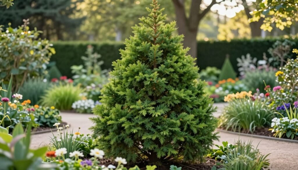 A lush garden scene featuring a majestic Choina kanadyjska (Eastern white cedar) at its center, showcasing its conical shape and dense, vibrant green foliage. In the foreground, delicate flowers and ornamental grasses complement the evergreen, while in the middle ground, a softly winding path leads the viewer's eye towards the tree. The background features a gentle blur of other garden elements, including dappled sunlight filtering through the leaves of surrounding trees, creating a tranquil and inviting atmosphere. The composition is captured with a shallow depth of field to emphasize the Choina kanadyjska, while the lighting conveys a warm afternoon glow that enhances the serene feel of the garden.