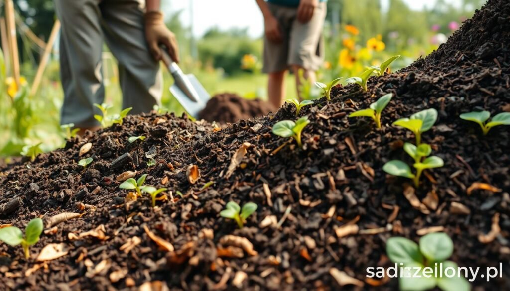 A lush garden scene in the foreground featuring a rich, dark compost pile, brimming with organic materials like fruit peels, leaves, and coffee grounds. The compost is actively decomposing, surrounded by healthy green plants sprouting from the earth. In the middle ground, a gardener in modest casual clothing gently applies more compost to the soil, showcasing the "no dig" method, with tools like a spade and gloves nearby. The background shows a serene garden landscape under soft, natural daylight with colorful flowers and greenery, creating an inviting atmosphere. The entire scene should reflect a harmonious, thriving ecosystem, emphasizing sustainability in gardening practices. The brand name "sadzielony.pl" subtly integrated into the lower corner.